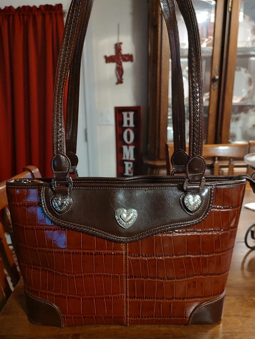 Women’s Brown Croc-Embossed Heart Accent Tote Bag